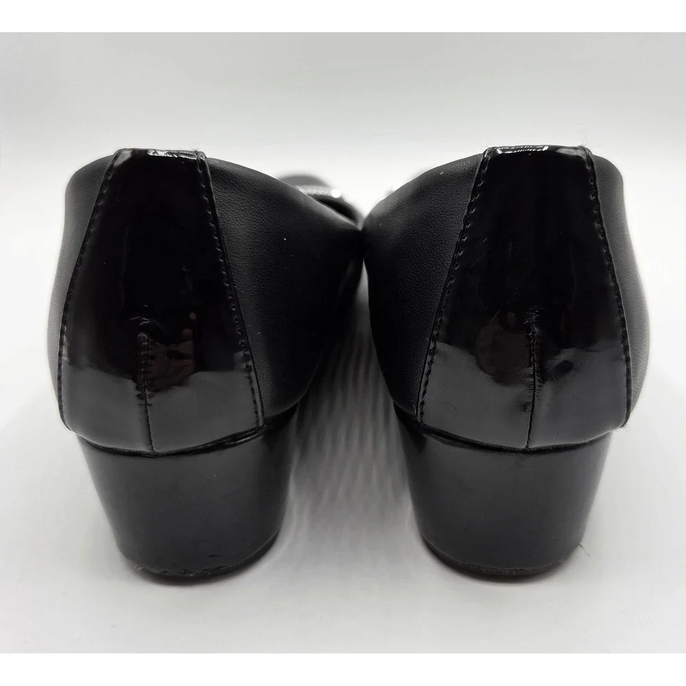 Anne Klein Mildred Black Wedge Pumps Patent Cap Toe Silver Trim Shoes‎ Size 8.5M